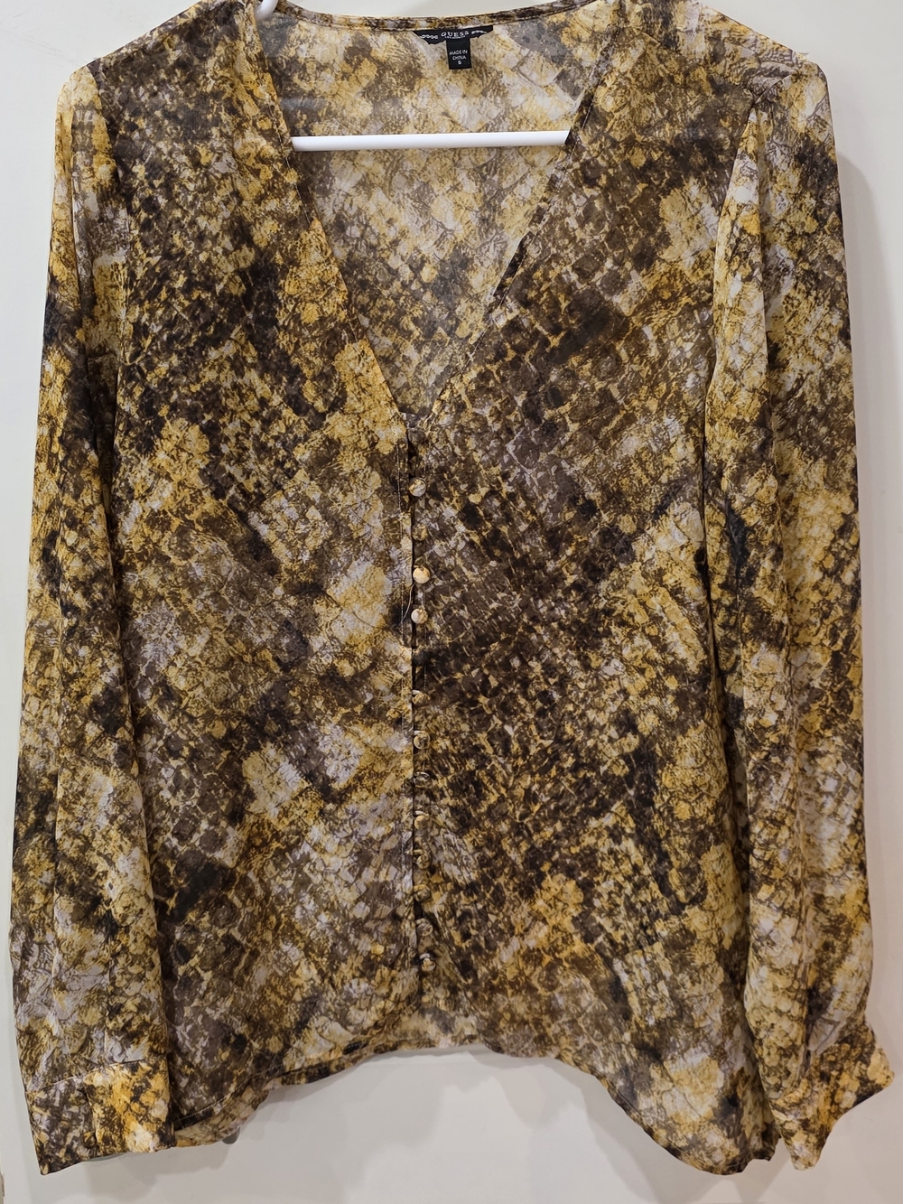 DKNY Men's Yellow Brown Snake-Print Button Front Shirt